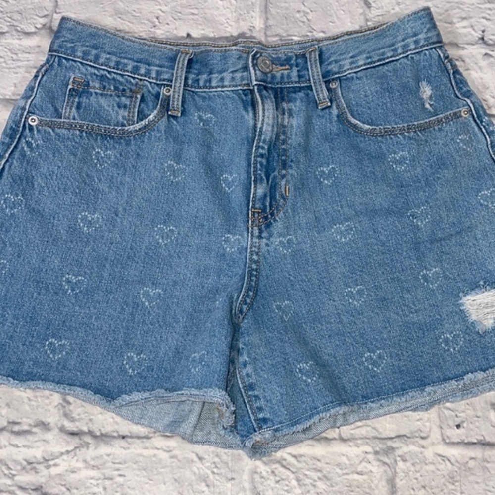 Old Navy Y2K Boho Soft Heart Print High Rose Distressed Cut Off Denim Jean Short